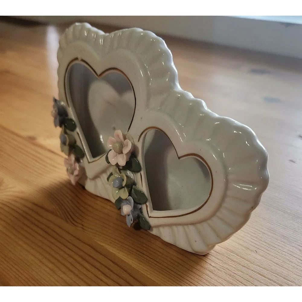 Vintage Double Heart Ceramic Picture Frame with Floral Accents Wedding